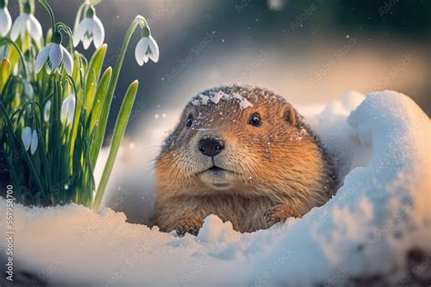 Groundhog Day Delight, Cute Groundhog Emerges from Snowy Hole Among ...