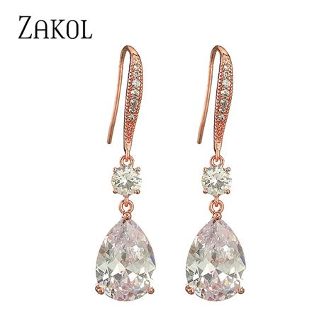 Zakol Luxury Fashion Shiny Water Drop Cubic Zirconia Dangle Earrings