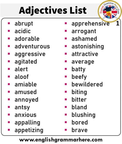 List of Adjectives, +300 Adjectives List - English Grammar Here