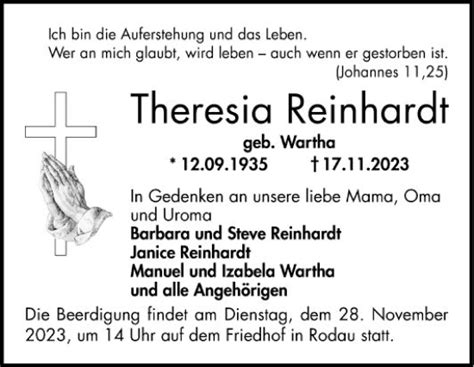 Traueranzeigen Von Theresia Reinhardt Trauerportal Ihrer Tageszeitung