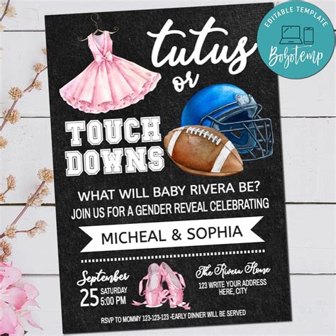 Printable Tutus Or Touchdowns Invite Gender Reveal Invitation DIY