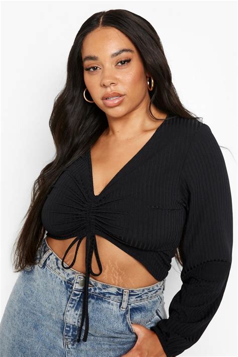 Women S Black Plus Recycled Rib Crop Top Boohoo Uk