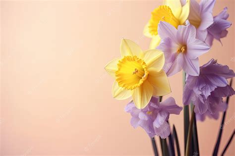 Premium Photo Yellow Daffodil And Bluebells On Pastel Background With