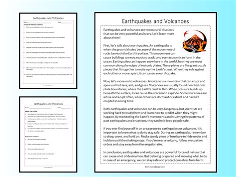 Earthquakes And Volcanoes Reading Comprehension Passage Printable