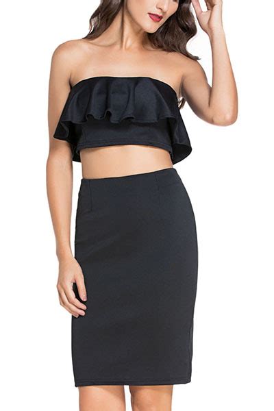 Fashion Sleeveless Flouncing Design Black Polyester Two Piece Skirt Set