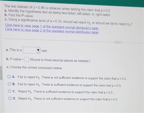 Solved The Test Statistic Of Z 0 96 Is Obtained When Testing Chegg