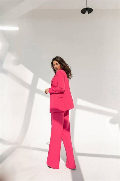 Hot Pink Piece Suit Set For Tall Women Raspberry Pink Pantsuit With Belted Blazer And Wide