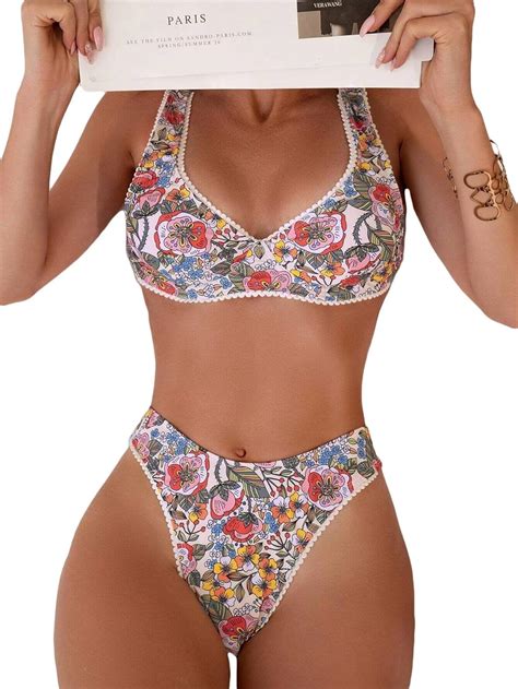 Amazon Falainetee Women S Floral Printed Bathing Suit High Waisted Knot Swimsuit Bikini Set