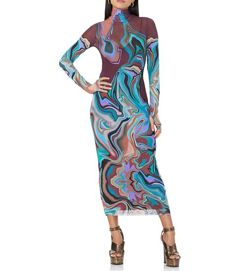 Afrm Shailene Mesh Marble Print Turtleneck Long Sleeve Midi Dress