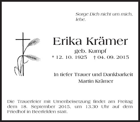 Traueranzeigen Von Erika Kr Mer Vrm Trauer De