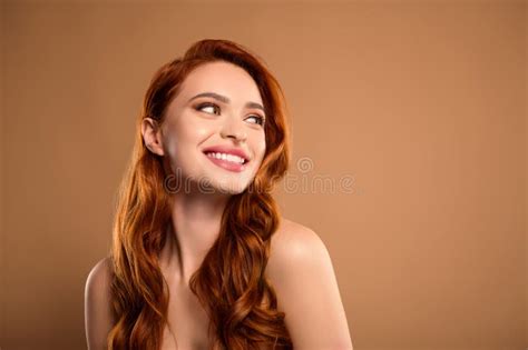 Photo Of Lovely Attractive Lady Toothy Smile Look Empty Space Nude Body Isolated On Beige Color