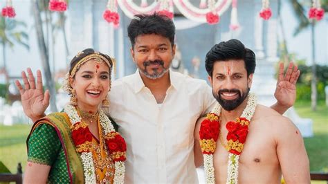 In Pics Thalapathy Vijay Poses With Newlyweds Keerthy Suresh And