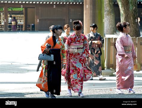 Japanese Women In Kimonos At Meiji Shrine In Central Tokyo Japan Stock