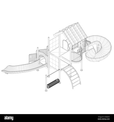 Playground wireframe made of black lines on a white background. Children playground with slides ...