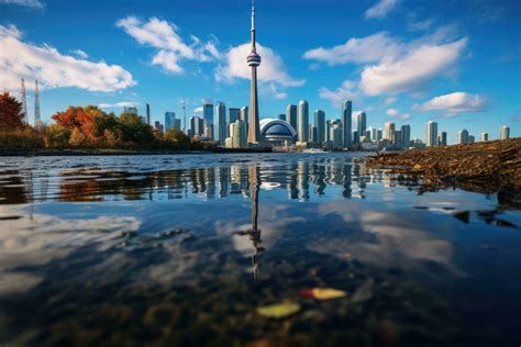 Toronto city skyline reflected in the water with autumn leaves. Ontario, Canada, CN tower and ...