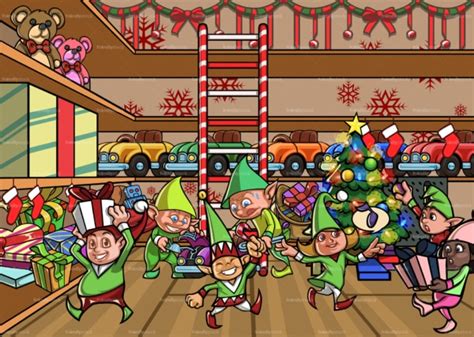 Elves Making Toys At Santa S Workshop Cartoon Scene Friendlystock