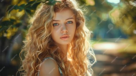 Premium Photo A Woman With Curly Hair And A Blue Eyes Looks Into The