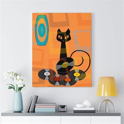 Atomic Cat Art Retro Groovy Vinyl Records Mid Century Modern