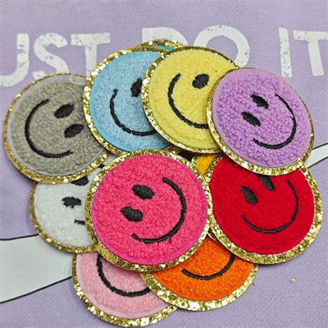 Chenille Smile Patch Chenille Smiley Face Iron On Patch Glitter Happy