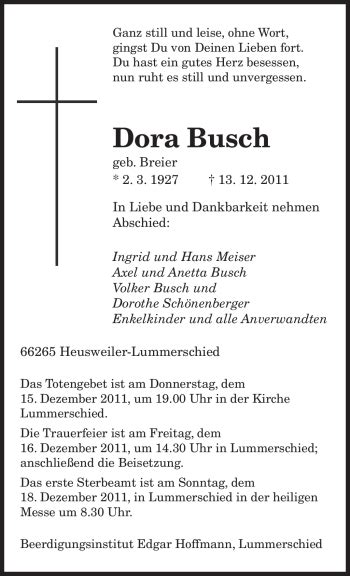 Traueranzeigen Von Dora Busch Saarbruecker Zeitung Trauer De