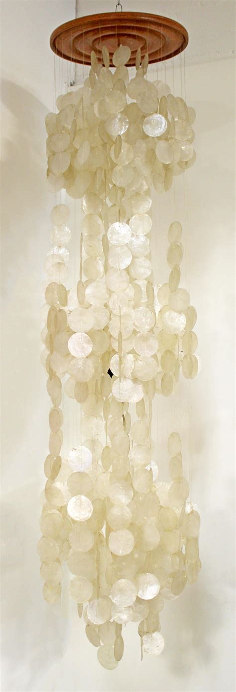 Mid Century Modern Large Long Wood And Capiz Shell Chandelier 1960s At