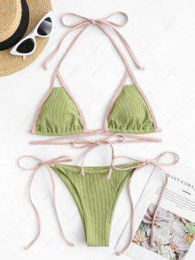 ZAFUL Ribbed Contrast Binding Floss Bikini Swimwear In LIGHT GREEN ZAFUL