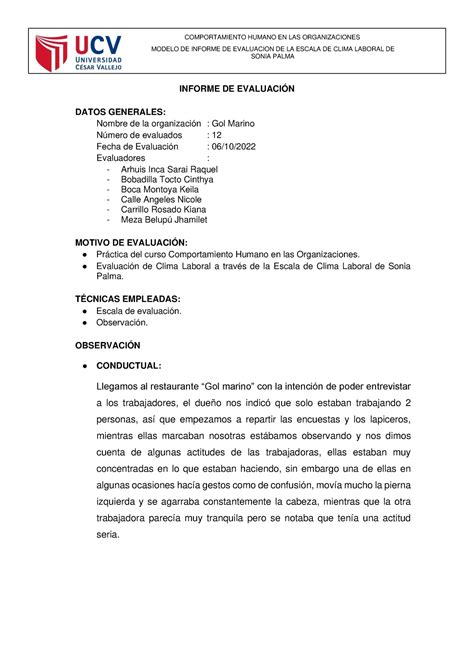 Informe Clima Organizacional MODELO DE INFORME DE EVALUACION DE LA