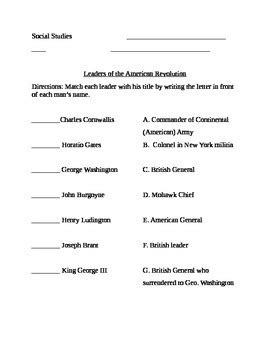 American Revolution Leaders Match-Up by Patricia DIxon | TPT