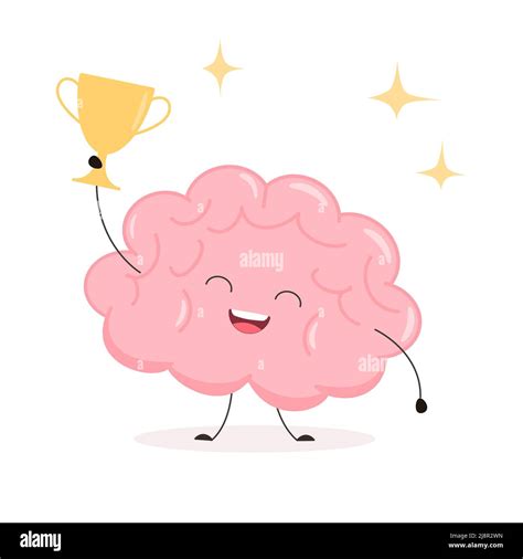 Cute Brain With Winner Cup Funny Kawaii Human Brain Character Cartoon