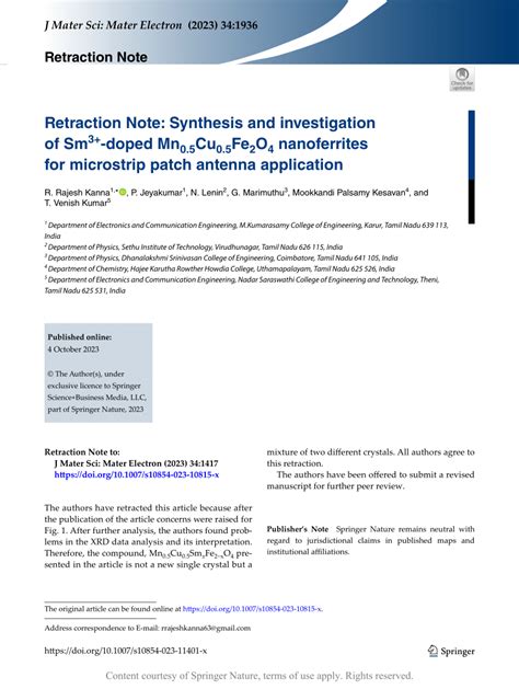 Retraction Note Synthesis And Investigation Of Sm Doped Mn Cu