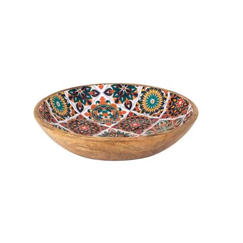 Multicolor Floral Pattern Mango Wood Decorative Bowl Mango Wood Serving Bowl Handmade Wooden