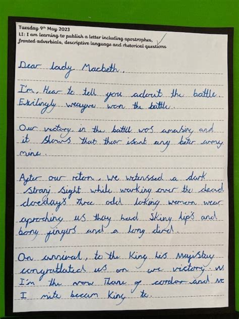 Letter To Lady Macbeth Tudor Grange Primary Academy St James