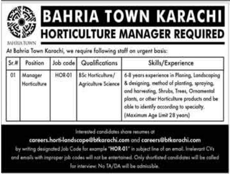 Bahria Town Job For Horticulture Manager In Karachi Job