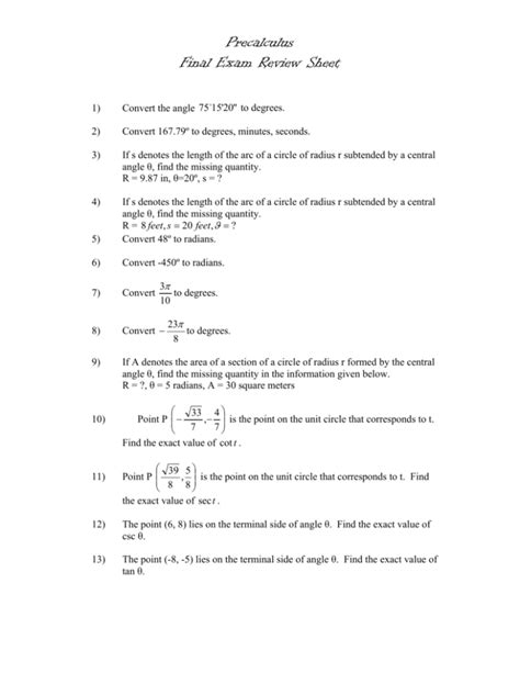 Precalculus Final Exam Review Sheet