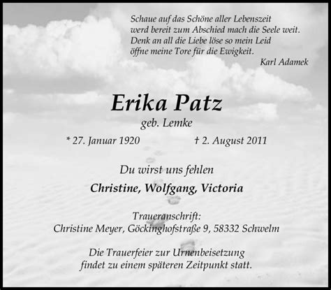 Traueranzeigen Von Erika Patz Trauer In NRW De