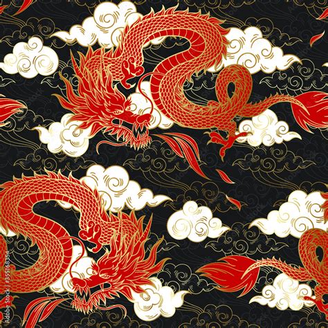 Vector Seamless Pattern With Red Chinese Dragon And Clouds Hand Drawn