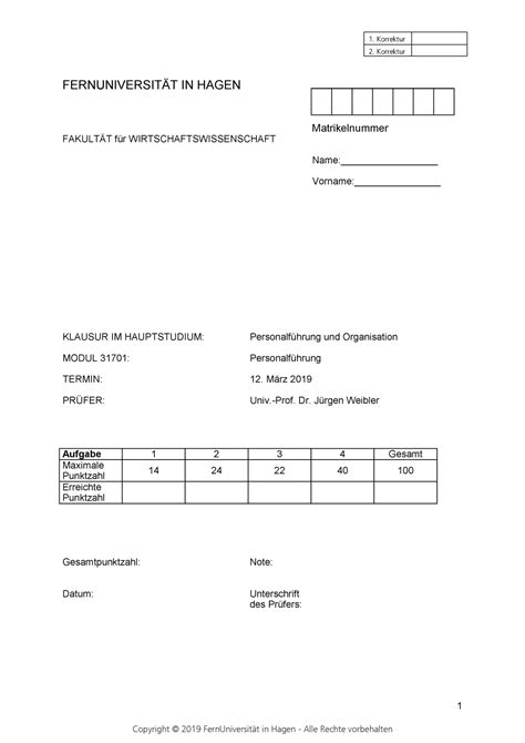 Klausur März 2019 Fragen 1 Korrektur 2 Korrektur FERNUNIVERSITÄT