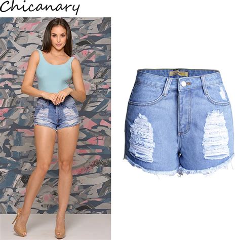 Chicanary Ripped Leg Women Denim Shorts High Rise Tassels Hem Jean