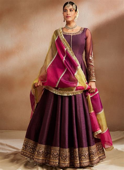 Dark Purple Embroidered Silk Anarkali Combination Dresses Silk