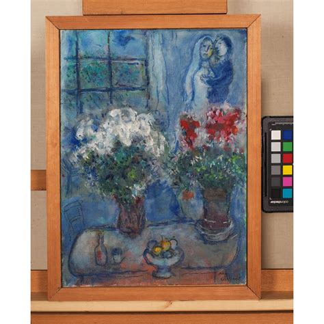 Marc Chagall Deux Bouquets Et Amoureux Sur Fond Bleu 1975 1976