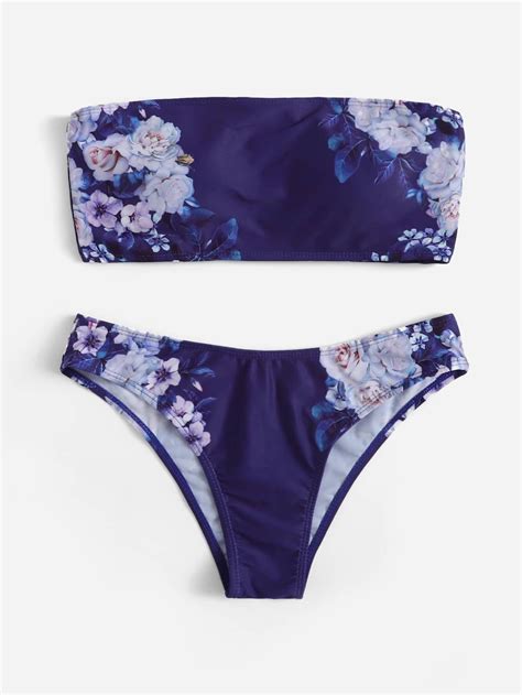 Dark Purple Flower Swimsuit With Bandeau Top Seam Trim Bikini Bottom In