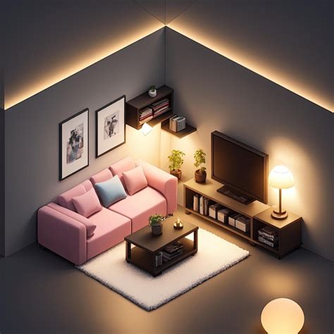 Premium Photo Tiny Cute Isometric Livingroom With Soft Smooth