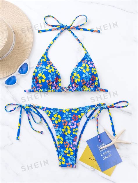 SHEIN VCAY Summer Beach Floral Triangle Tie Side Bikini Set SHEIN USA