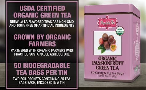 Brew La La Organic Green Tea Passionfruit Flavor 50 Tea Bag Tin Low Caffeine