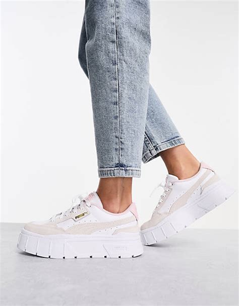 Puma Mayze Stack Sneakers In White And Pink Asos