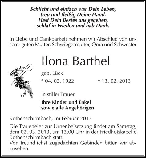 Traueranzeigen Von Ilona Barthel Abschied Nehmen De