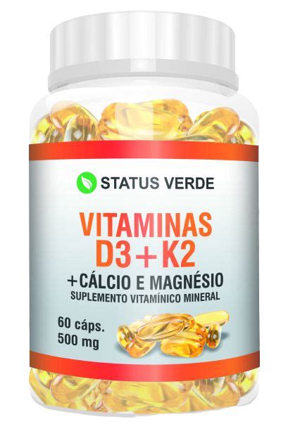 Vitaminas D3 K2 Cálcio e Magnésio 60cáps 500mg Status Verde