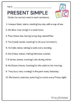 Present Simple Tense Worksheets for Grade 1 & 2 - PDF Download | TPT