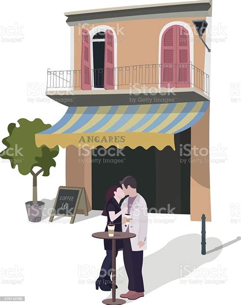 Illustration Dun Couple Qui Sembrasse Dans Street Cafe Vecteurs Libres De Droits Et Plus D