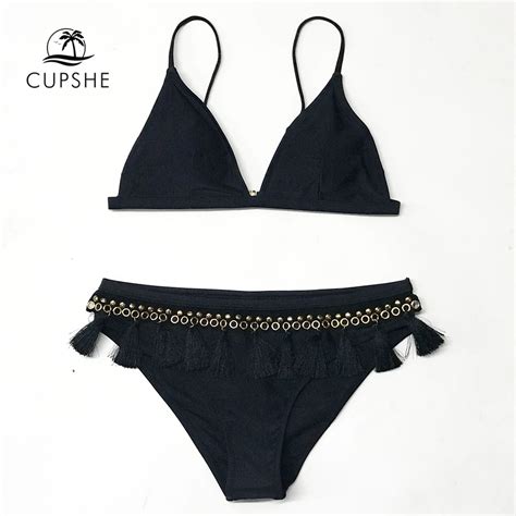 CUPSHE Black Tassel Triangle Bikini Sets Women Sexy Thong Two Pieces